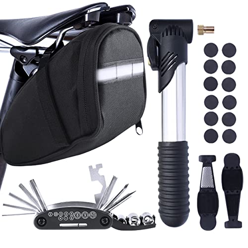 MASPODER Bike Repair Kit, Bike Tire Tool Kit with Mini Pump, Saddle Bag, Multitool Bicycle Accessories Set for Adult Bikes Road Mountain Bike MTB