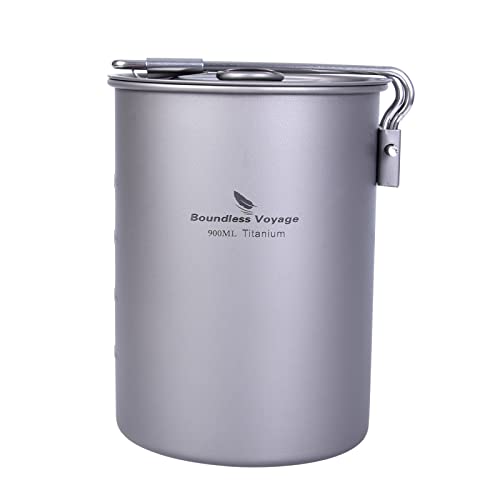 usharedo Ultralight Portable 900ml Outdoor Titanium Pot with Lid Folding Handle Camping Water Rice Food Bowl Cup Mug Bottle Ti15103B