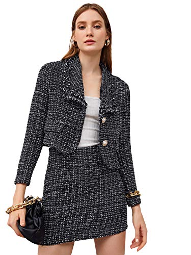 SweatyRocks Women's Business Suit 2 Pieces Tweed Blazer Jacket Coat and Skirt Set