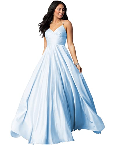 TIRAS Spaghetti V Neck Prom Dresses for Women Long Ball Gown Ruched Satin Evening Party Gown with Pockets CM139