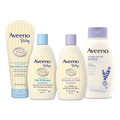 Aveeno Baby Mommy & Me Daily Bathtime Gift Set including Baby Wash & Shampoo, Calming Baby Bath & Wash, Baby Moisturizing Lotion & Stress Relief Body Wash for Mom, Soap-Free, 4 items