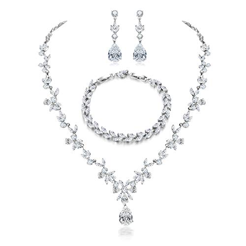 Hadskiss Jewelry Set for Women, Necklace Dangle Earrings Bracelet Set, White Gold Plated Jewelry Set with White AAA Cubic Zirconia, Allergy Free Wedding Party Jewelry for Bridal Bridesmaid